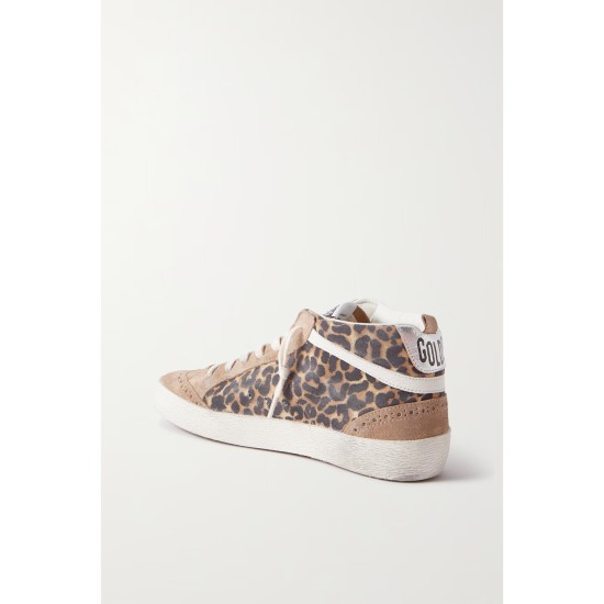 Mid Star distressed leather-trimmed leopard-print suede sneakers