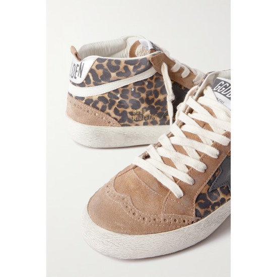 Mid Star distressed leather-trimmed leopard-print suede sneakers