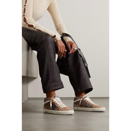 Mid Star distressed leather-trimmed leopard-print suede sneakers