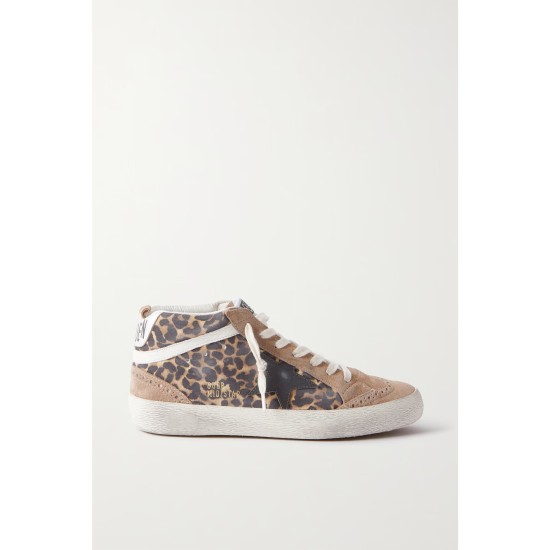 Mid Star distressed leather-trimmed leopard-print suede sneakers