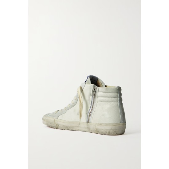 Slide embellished distressed glittered leather and suede high-top sneakers