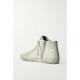 Slide embellished distressed glittered leather and suede high-top sneakers