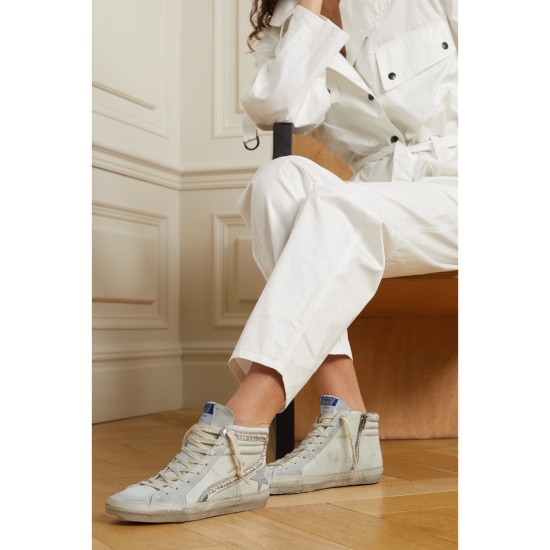 Slide embellished distressed glittered leather and suede high-top sneakers