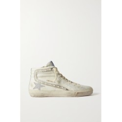 Slide embellished distressed glittered leather and suede high-top sneakers