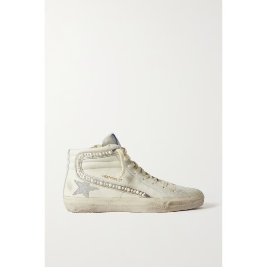 Slide embellished distressed glittered leather and suede high-top sneakers