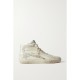 Slide embellished distressed glittered leather and suede high-top sneakers
