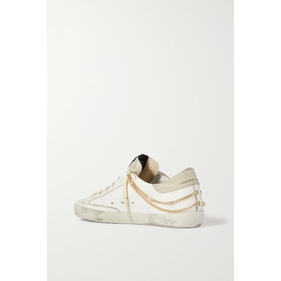 Superstar chain-embellished distressed leather and suede sneakers