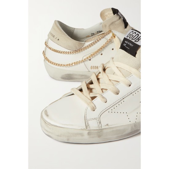 Superstar chain-embellished distressed leather and suede sneakers