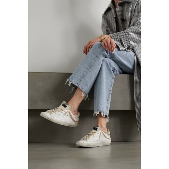 Superstar chain-embellished distressed leather and suede sneakers