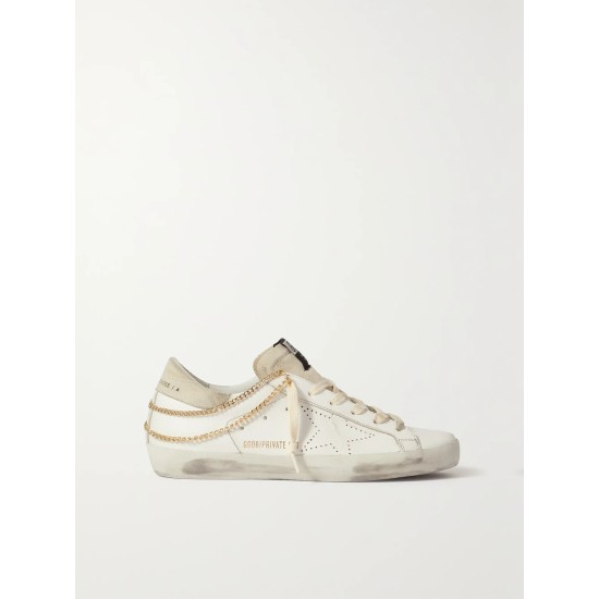 Superstar chain-embellished distressed leather and suede sneakers