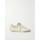 Superstar chain-embellished distressed leather and suede sneakers