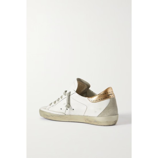 Superstar distressed suede-trimmed printed leather sneakers