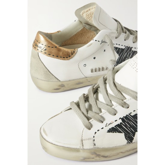Superstar distressed suede-trimmed printed leather sneakers