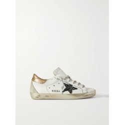 Superstar distressed suede-trimmed printed leather sneakers
