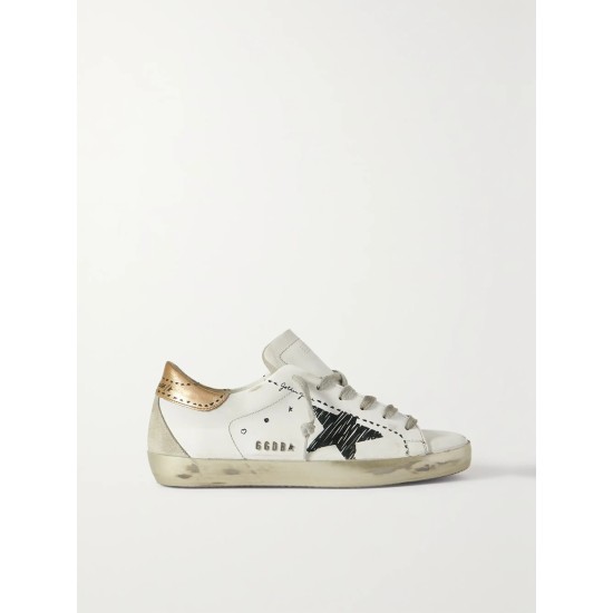 Superstar distressed suede-trimmed printed leather sneakers