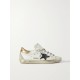Superstar distressed suede-trimmed printed leather sneakers