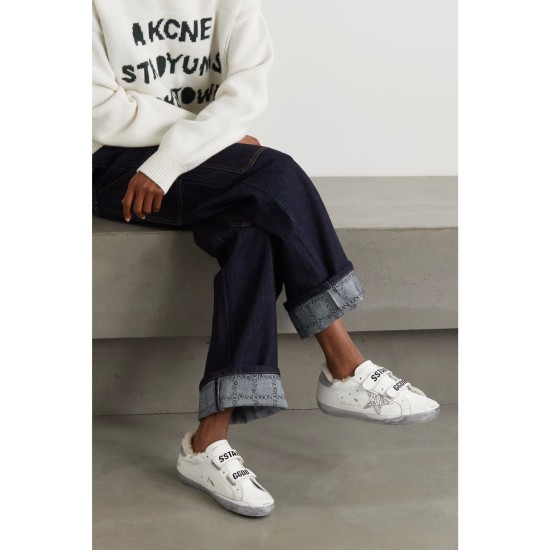 Old School shearling-lined distressed glittered leather sneakers