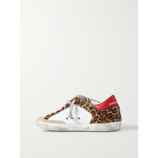 Superstar distressed leopard-print calf hair, leather and suede sneakers