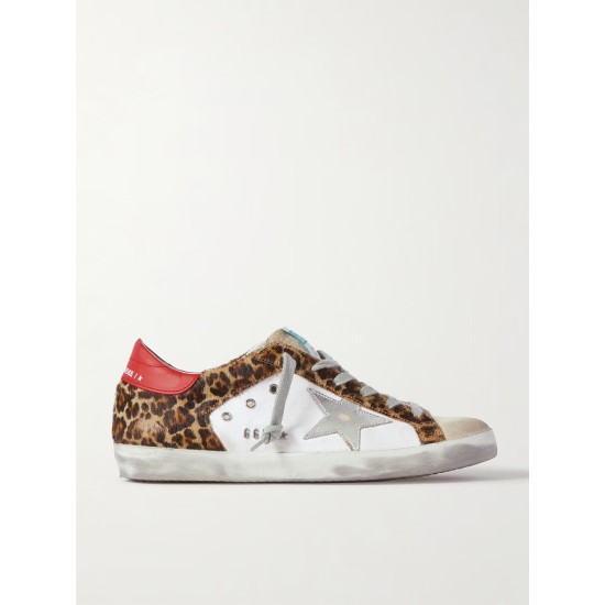 Superstar distressed leopard-print calf hair, leather and suede sneakers