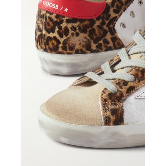Superstar distressed leopard-print calf hair, leather and suede sneakers